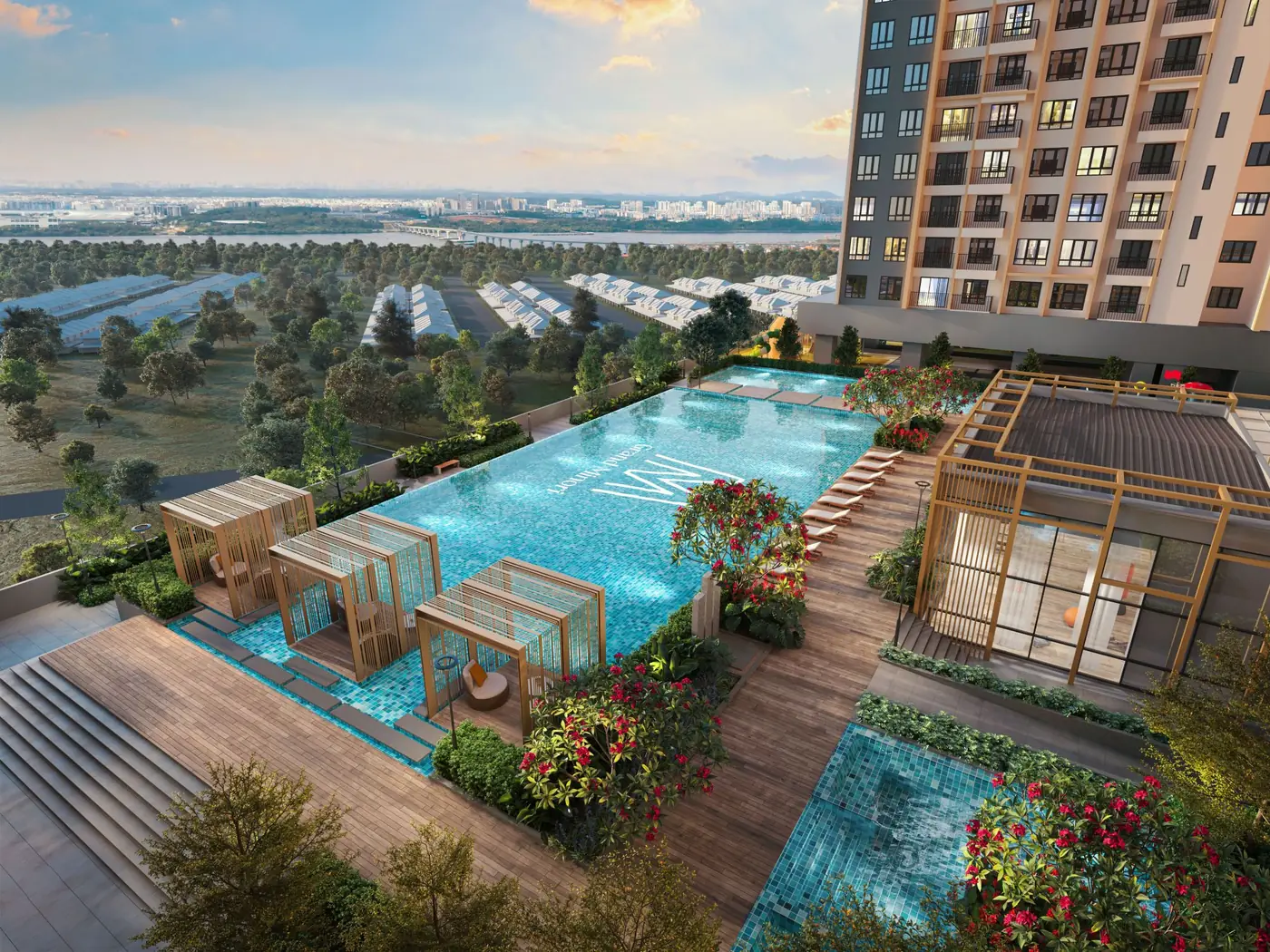 Elevated pool deck and cabanas overlooking the city