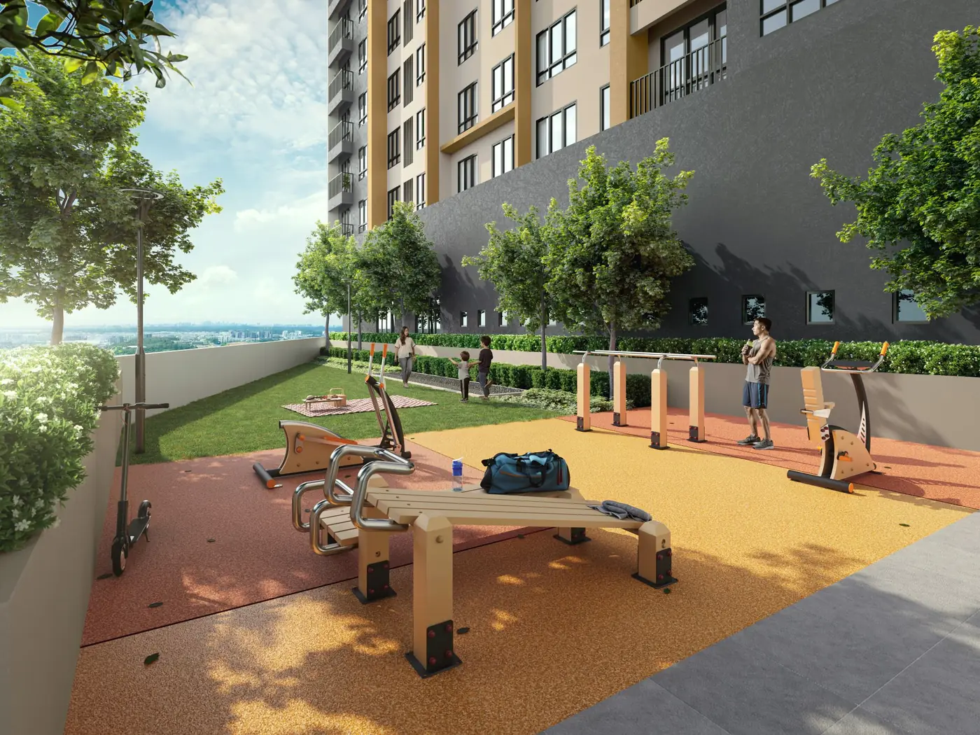 Outdoor fitness station and jogging deck