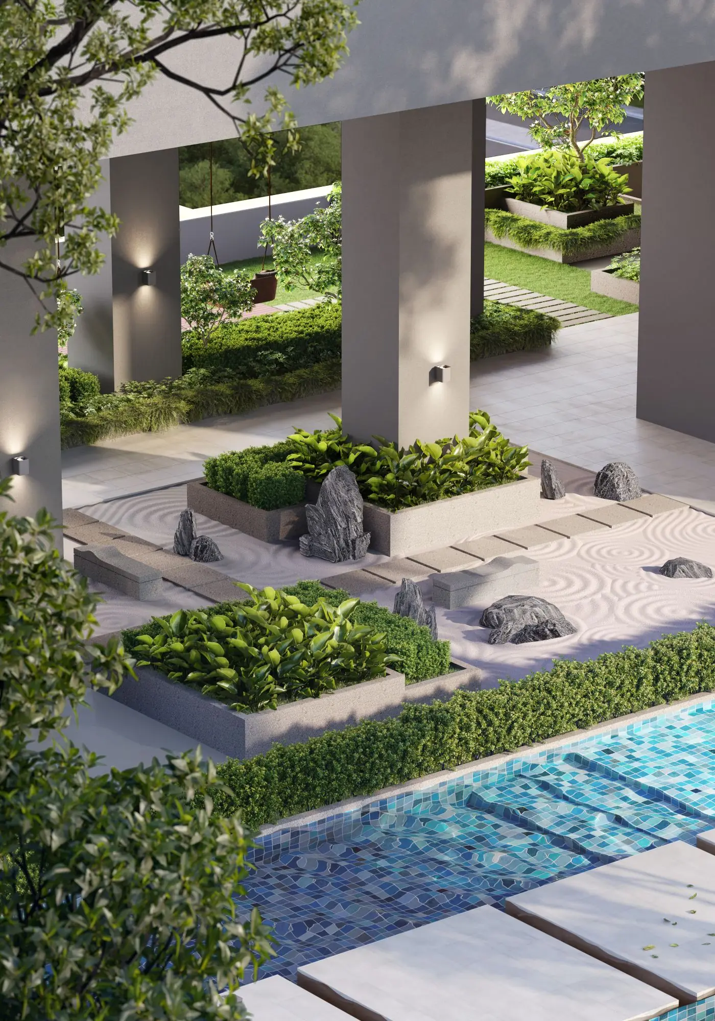 Zen garden and reflective landscaped courtyard