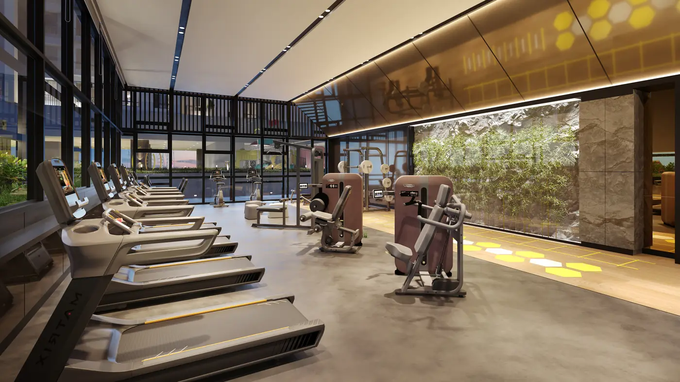 Fully equipped gymnasium with garden outlook