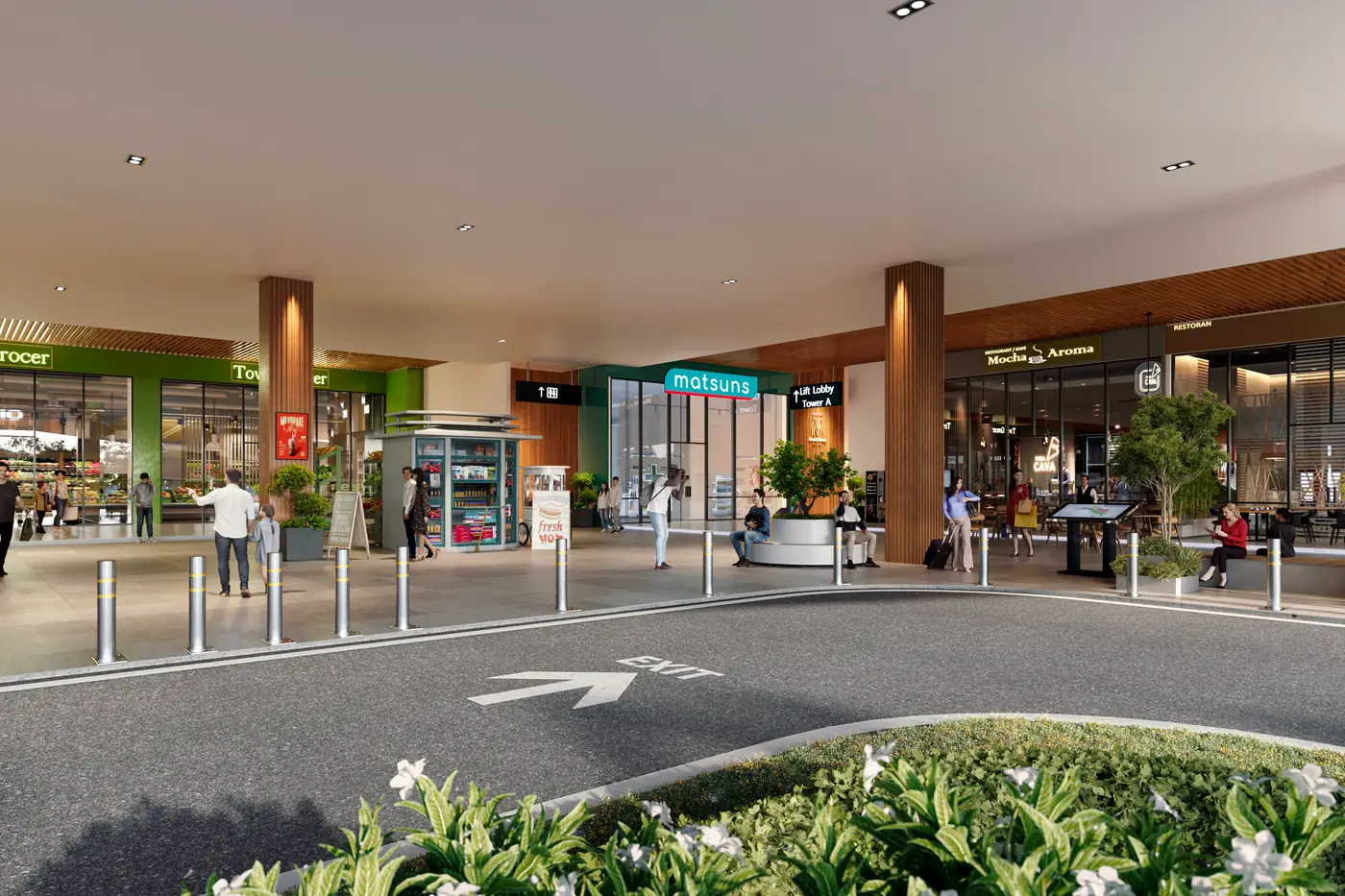 Retail promenade with shops and grocer on the ground floor