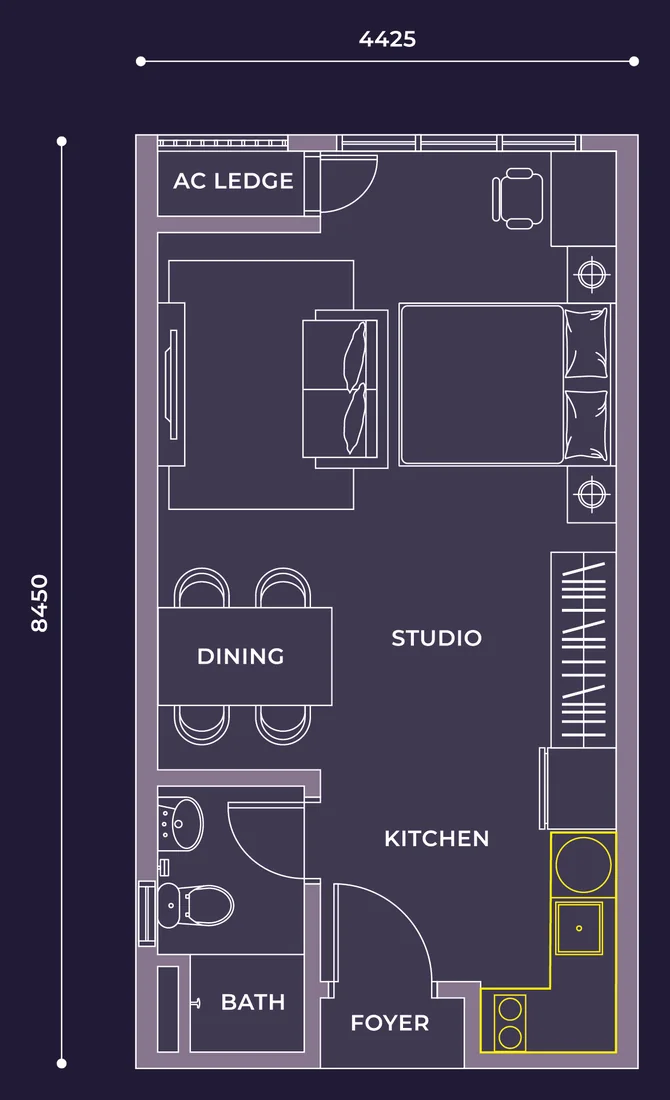 Type A floor plan, 403 sq ft studio